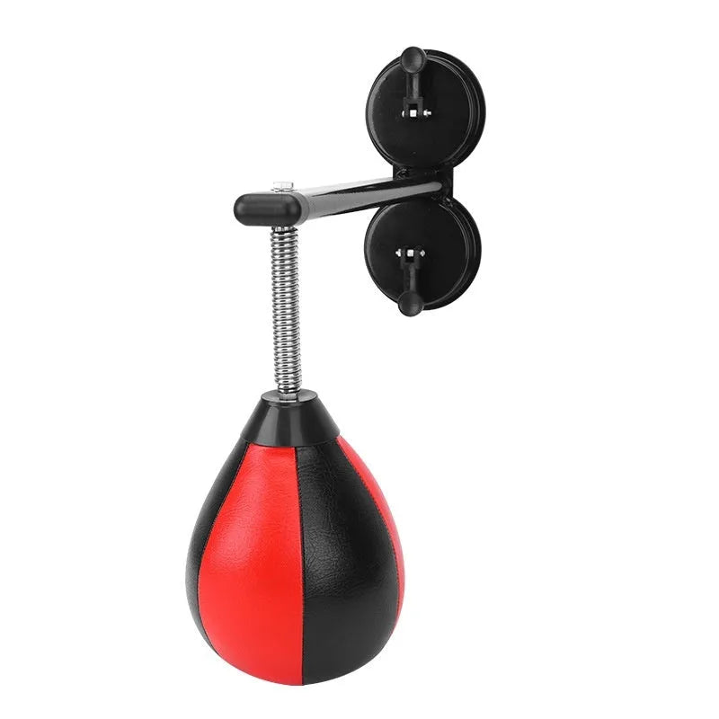 PU pear-shaped hanging boxing speed ball with elastic cord and red/black ball head, shown with pump and mounting accessories.