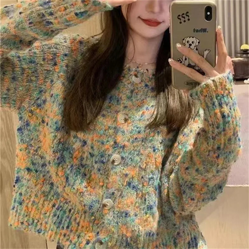 Retro rainbow knitted cardigan in pink and green ice cream colours, slim fit.