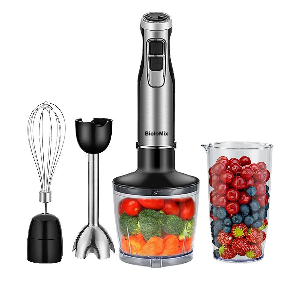 Silver Biolomix hand blender set with stainless steel attachments, chopper bowl, and blending beaker on a kitchen counter