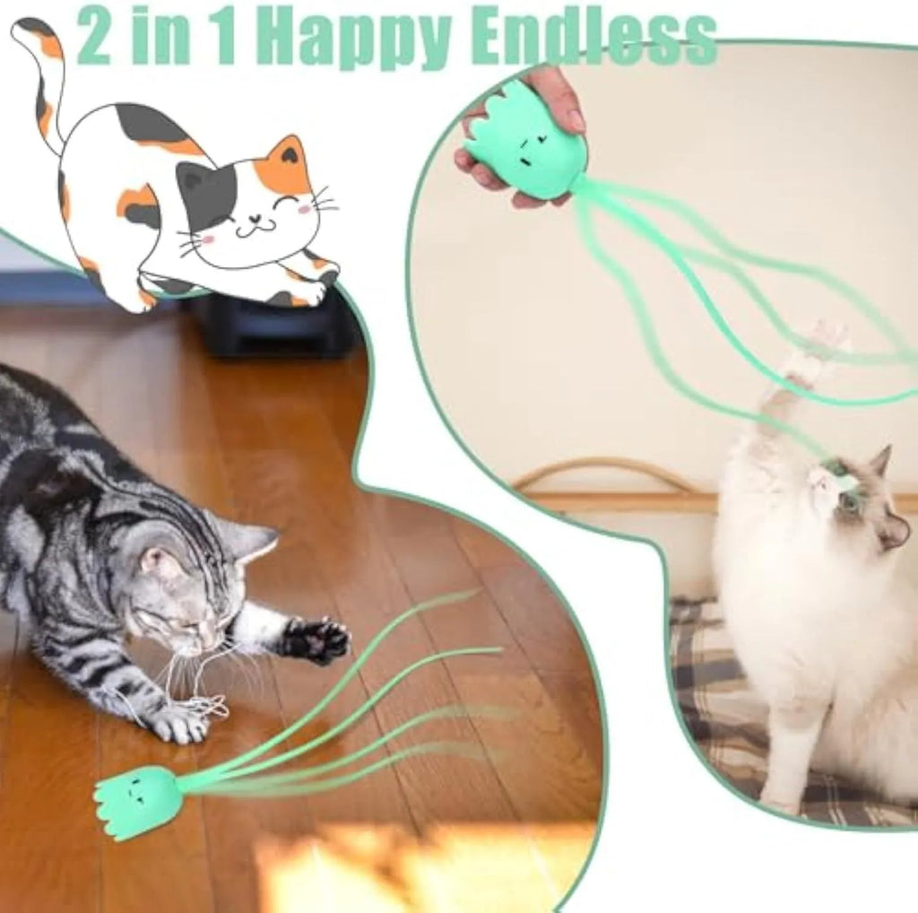 Green interactive cat toy with electronic wand and swinging silicone tails for indoor cats