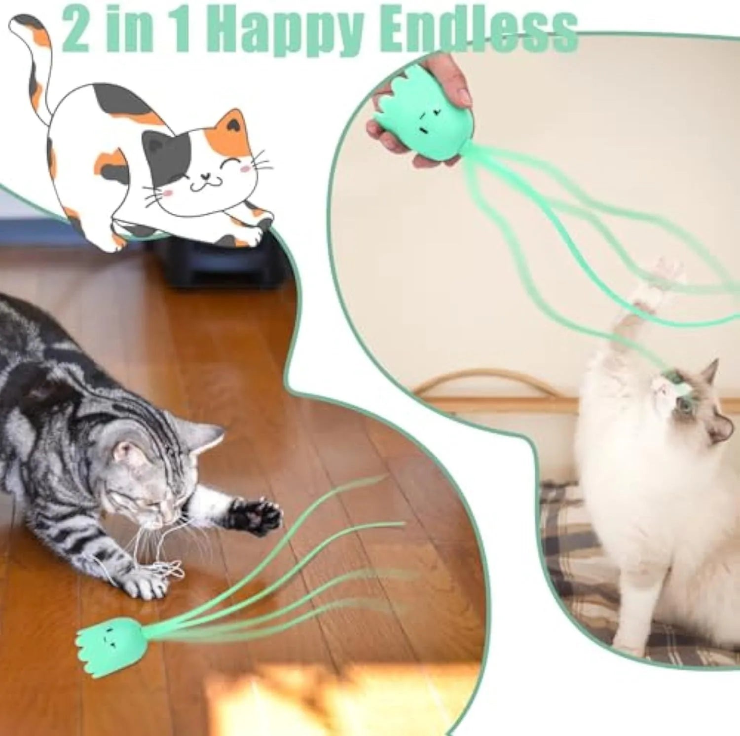 Green interactive cat toy with electronic wand and swinging silicone tails for indoor cats