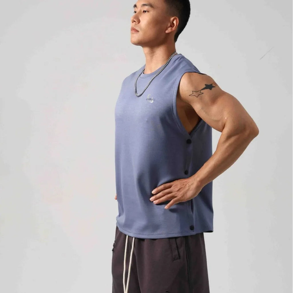 Korean style men's loose cotton fitness vest with hidden hook closures on both sides