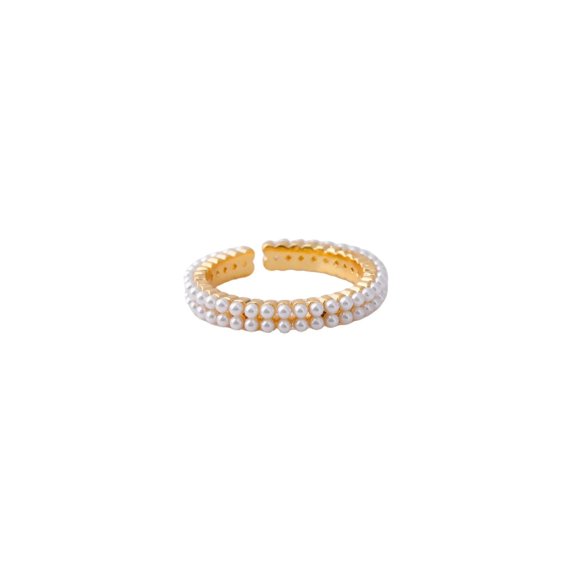 Gold geometric women's ring with open mouth adjustable design and single pearl accent on copper base
