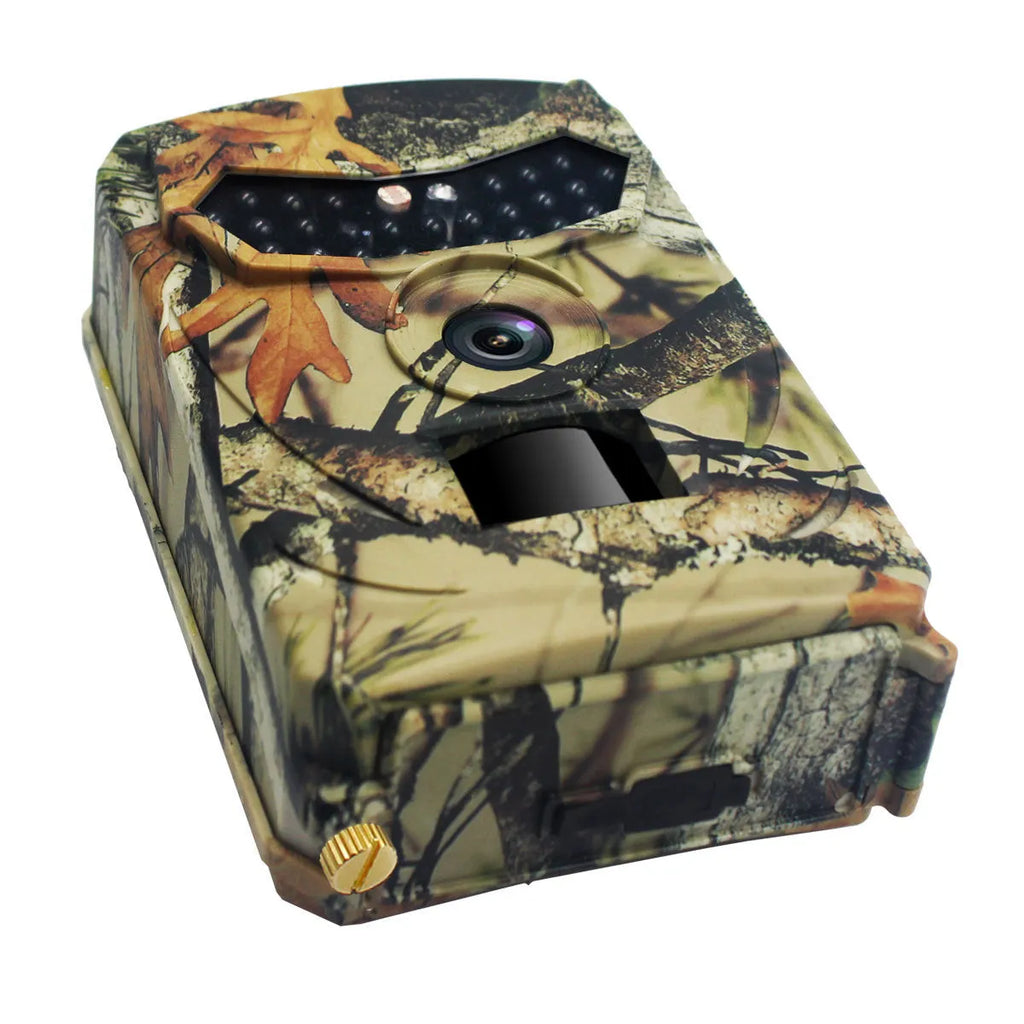 Yellow brown hunting game camera with infrared sensors and compact plastic housing