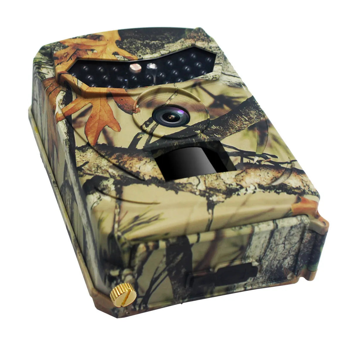 Yellow brown hunting game camera with infrared sensors and compact plastic housing
