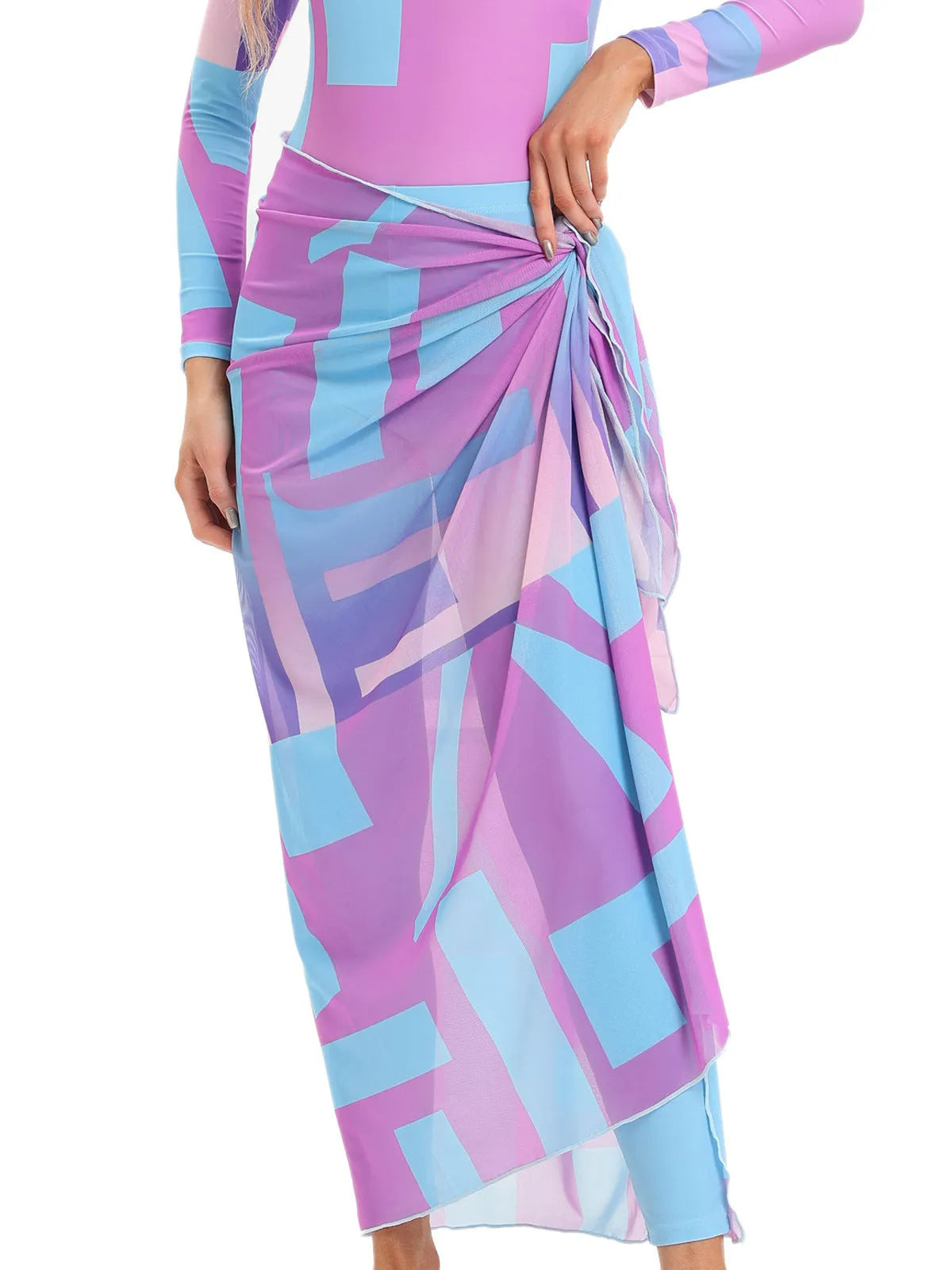 Conservative women's three-piece swimsuit set with apron in a fresh print, shown in Sapphire blue.