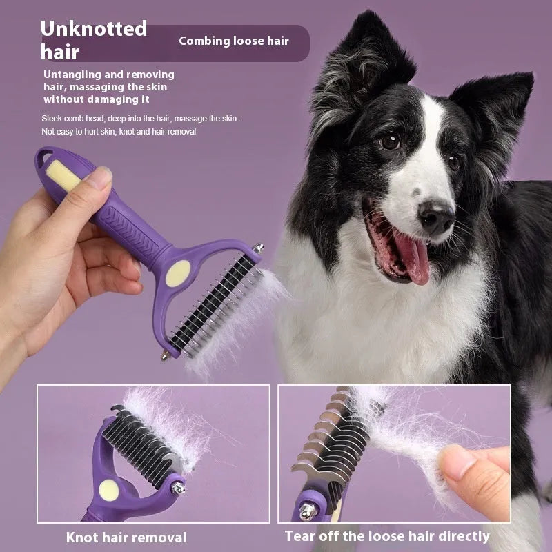 Purple plastic dual-sided pet comb for detangling dog and cat fur knots