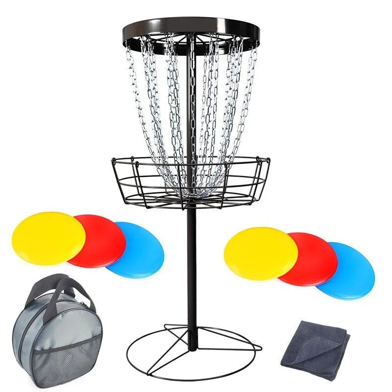 Golf chain rack blocking net with iron frame and 24 chains on grass outdoors