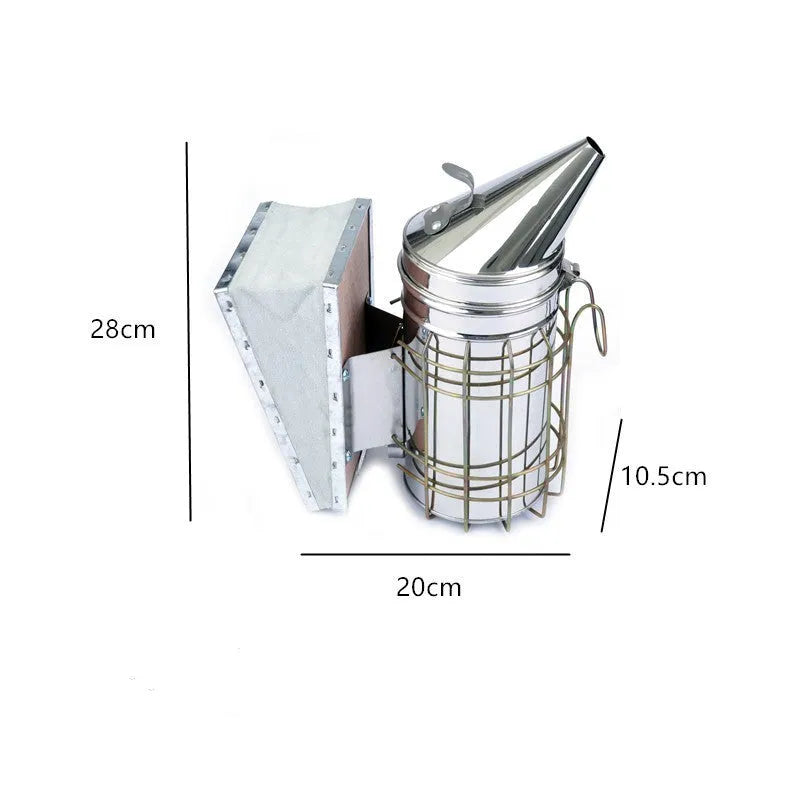 Manual stainless steel bee smoker with leather bellows, 10.5cm barrel diameter