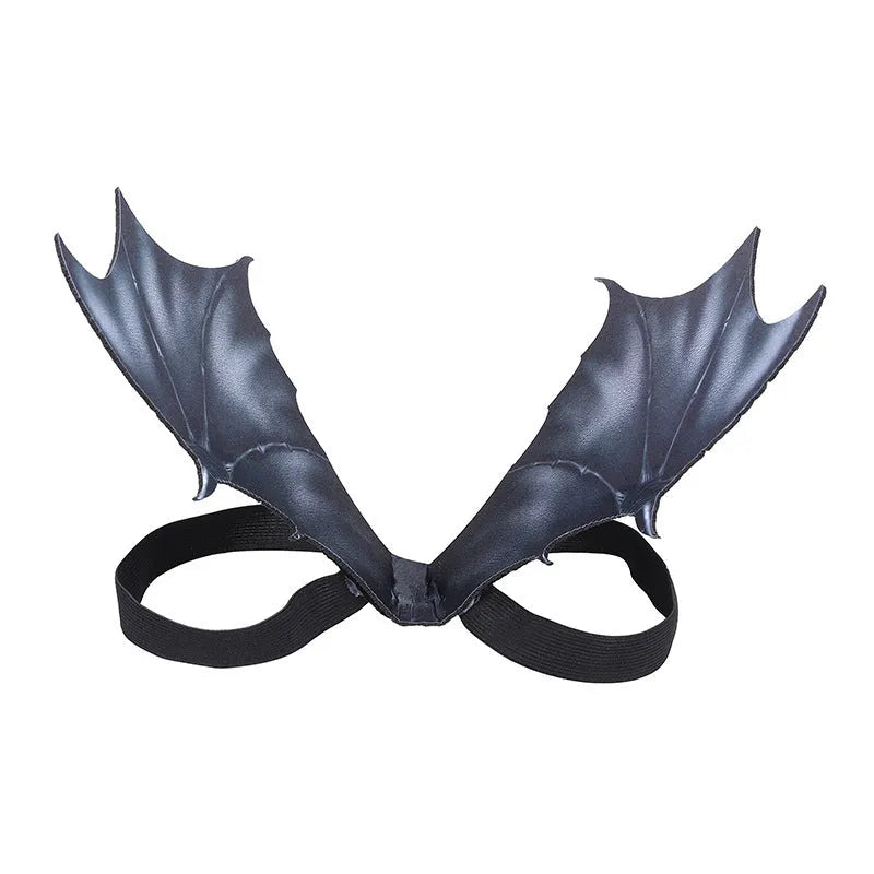 Black cloth bat wing Halloween costume shown on a pet, available in 40cm, 55cm, and 64cm wing sizes.