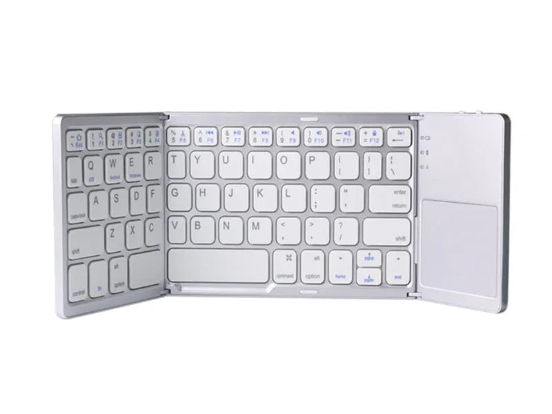 Black tri-fold folding Bluetooth keyboard with touchpad, shown both folded and unfolded