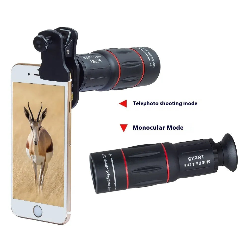 18x universal external telephoto lens for mobile phones with clip-on fitting and optional handheld bracket