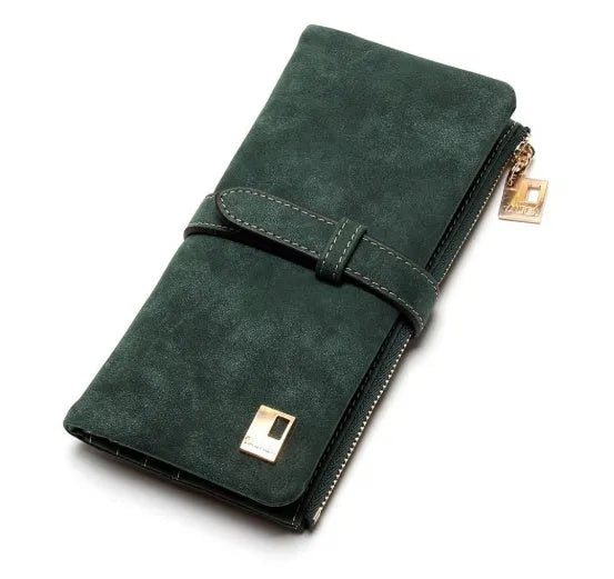 TAUREN vertical long wallet in retro matte Pu leather showing zip closure and internal card slots.