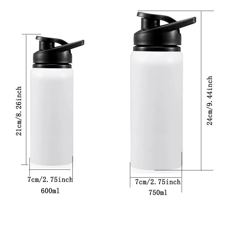 White aluminium sports water bottle for cycling, shown in 600ml and 750ml sizes.