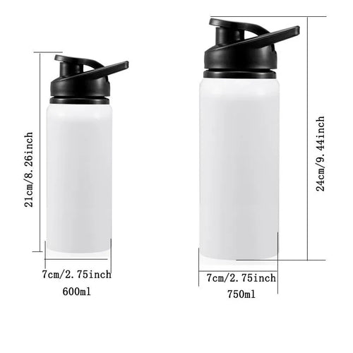 White aluminium sports water bottle for cycling, shown with 600ml and 750ml capacity options.
