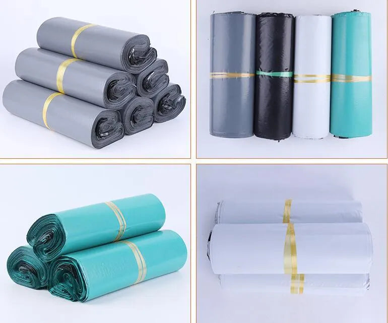 A bundle of 100 clear PE courier bags for clothing in multiple sizes, sealed with stickers.