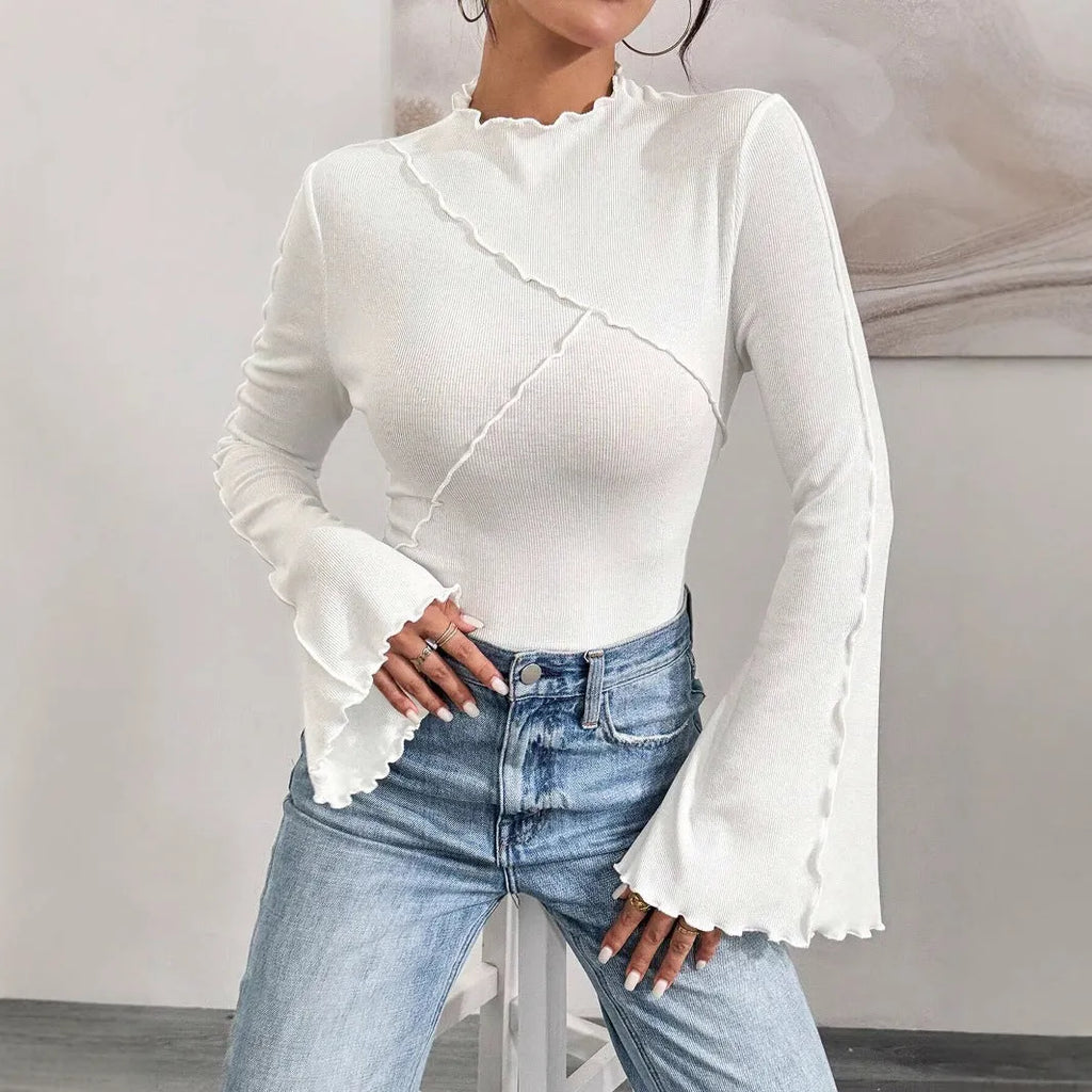 Fashion beveled bell sleeve slim fit inner wear shirt with ruffled collar in black