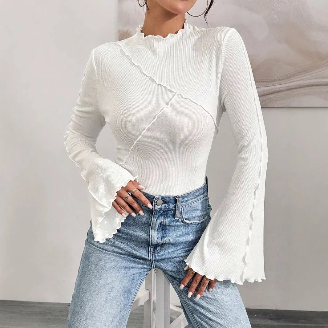 Fashion beveled bell sleeve slim fit inner wear shirt with ruffled collar in black