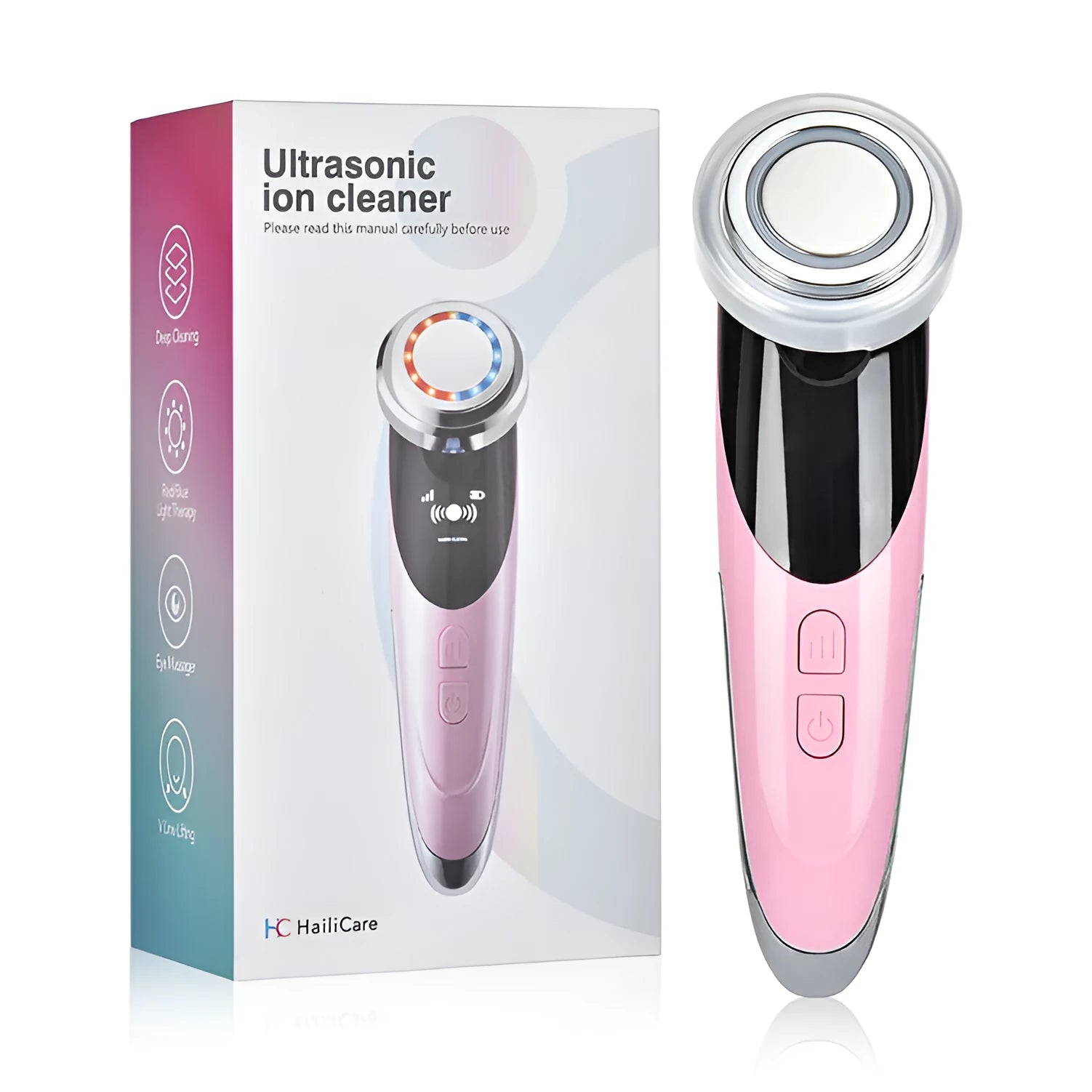 Pink cleansing and rejuvenating beauty instrument with red and blue light modes, ABS and plating construction