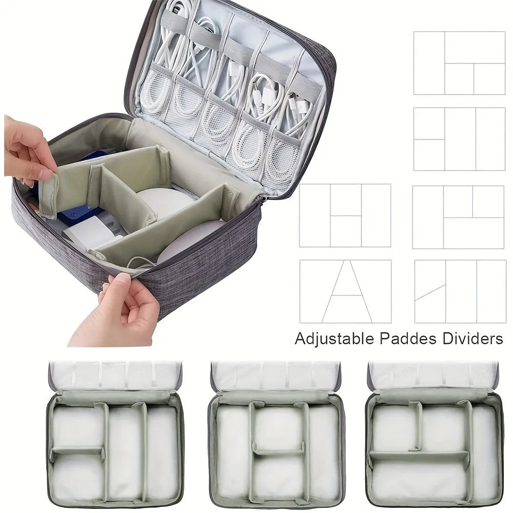 Black travel cable organiser bag with removable dividers and mesh pockets for electronic accessories