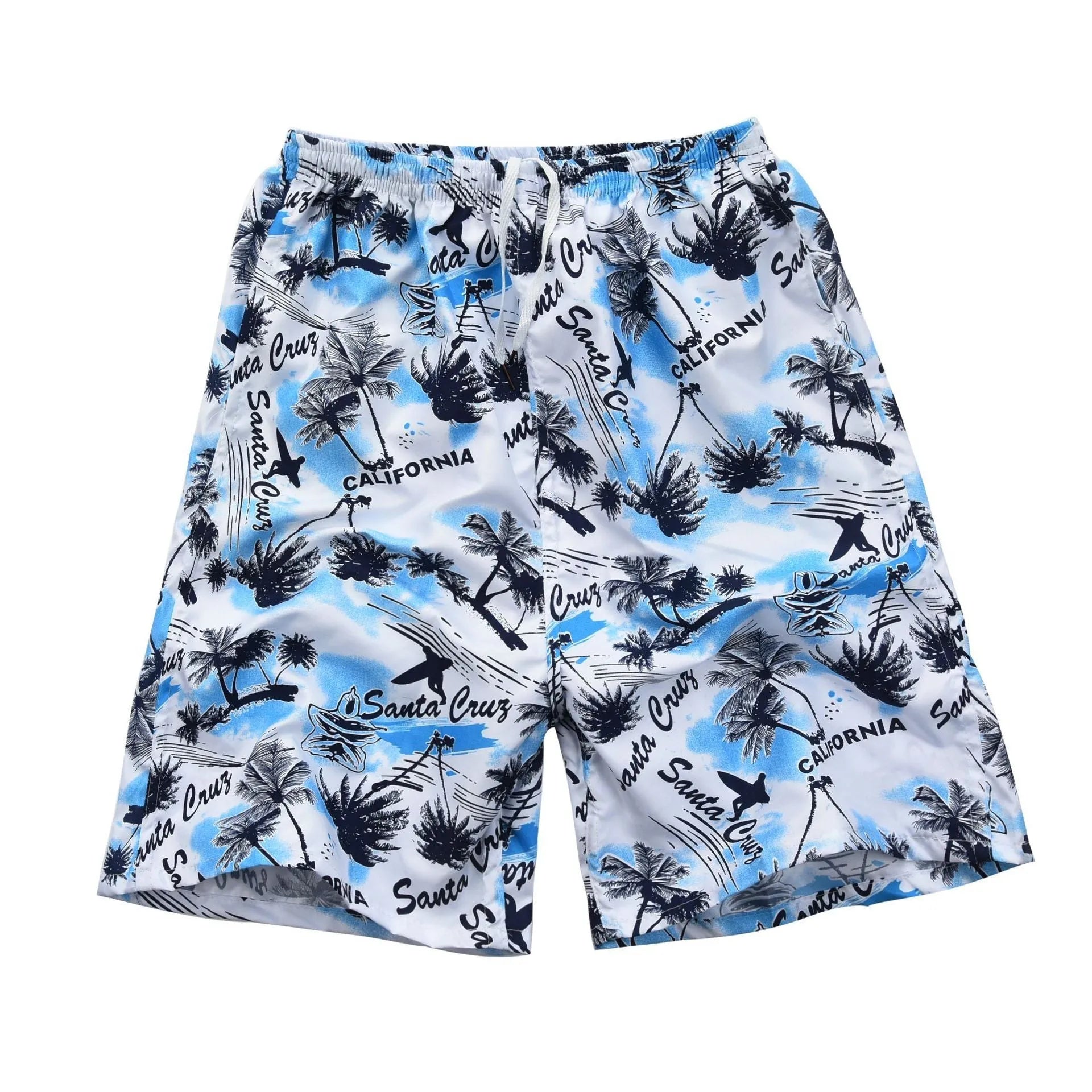 Men's floral printed swimming trunks in polyester with five-point design for beach and pool use