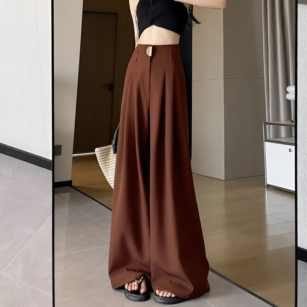Women's high-waist wide-leg pants in slightly elastic spandex, straight loose fit, black beige burgundy brown, S to 2XL