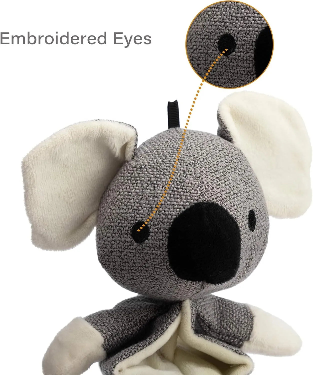 Gray koala-shaped dog chew toy with crinkle paper and squeaker, measuring 30cm.