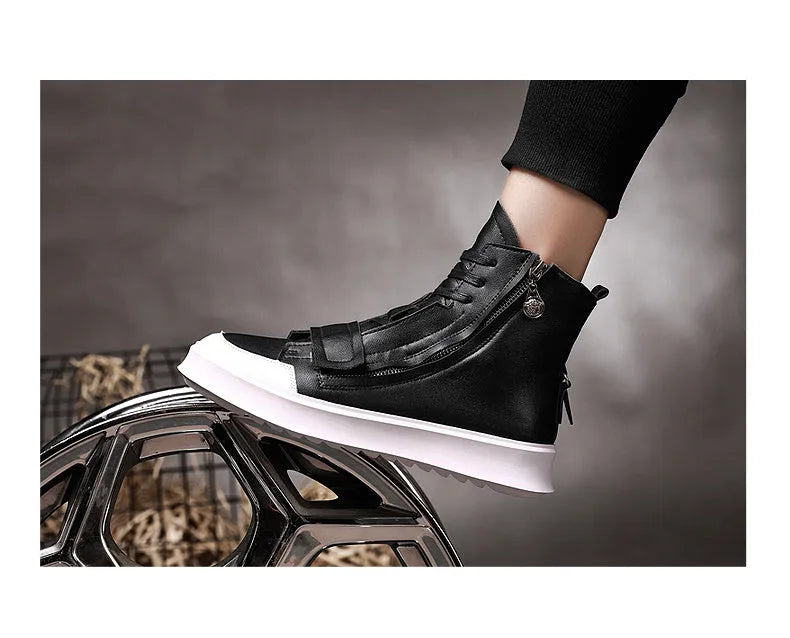 Black and white microfiber men's high-top ankle boots shown with a UK size chart.