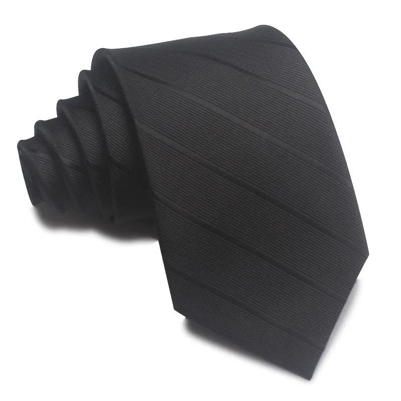 Men's striped jacquard business tie in red, showing arrow head shape and 8cm width.