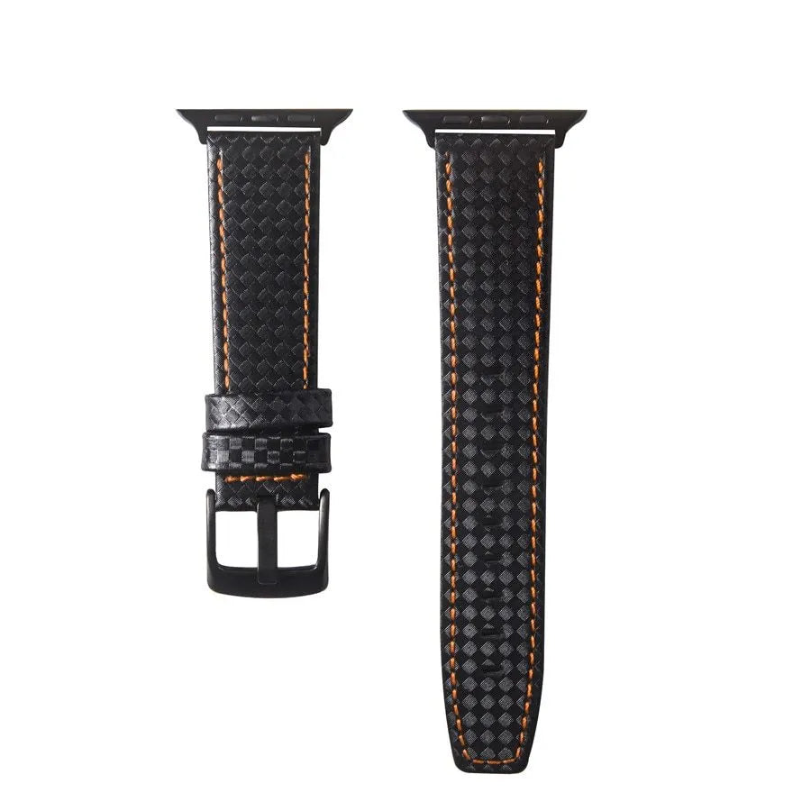 Carbon fibre pattern PC hard shell watch case with leather band in multiple colour options for iPhone compatible watches