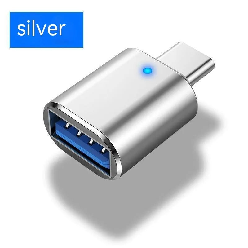 USB 3.0 to Type-C OTG adapter with indicator light in black, silver, and gold