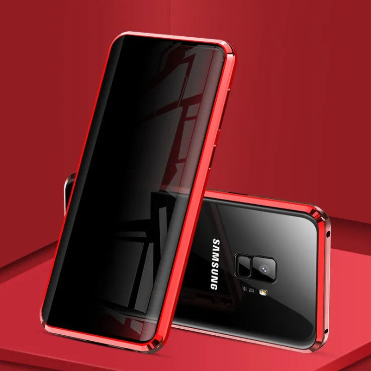 Magnetic anti-peeping phone case for Samsung Galaxy in clamshell design with double-sided glass construction