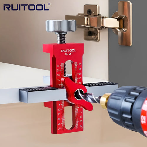 Aluminium alloy cabinet door installation aid tool for woodworking with 10mm drill bit.