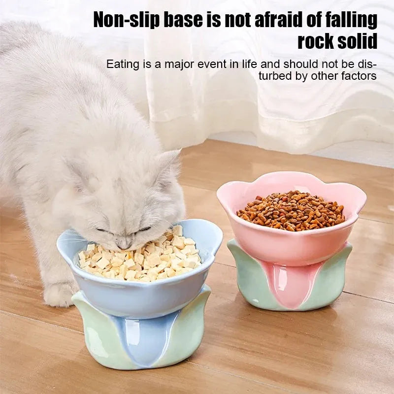 Blue ceramic pet bowl with floral pattern and elevated design for cats and small dogs