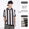 Man modelling a striped short sleeve viscose sweater with a decorative front zipper.