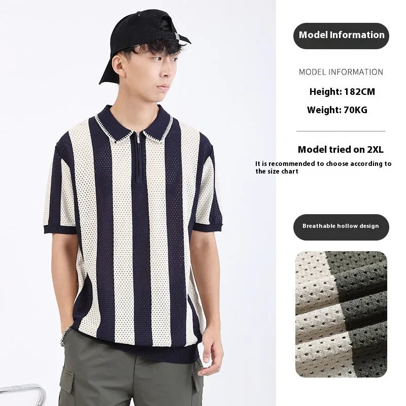 Man modelling a striped short sleeve viscose sweater with a decorative front zipper.