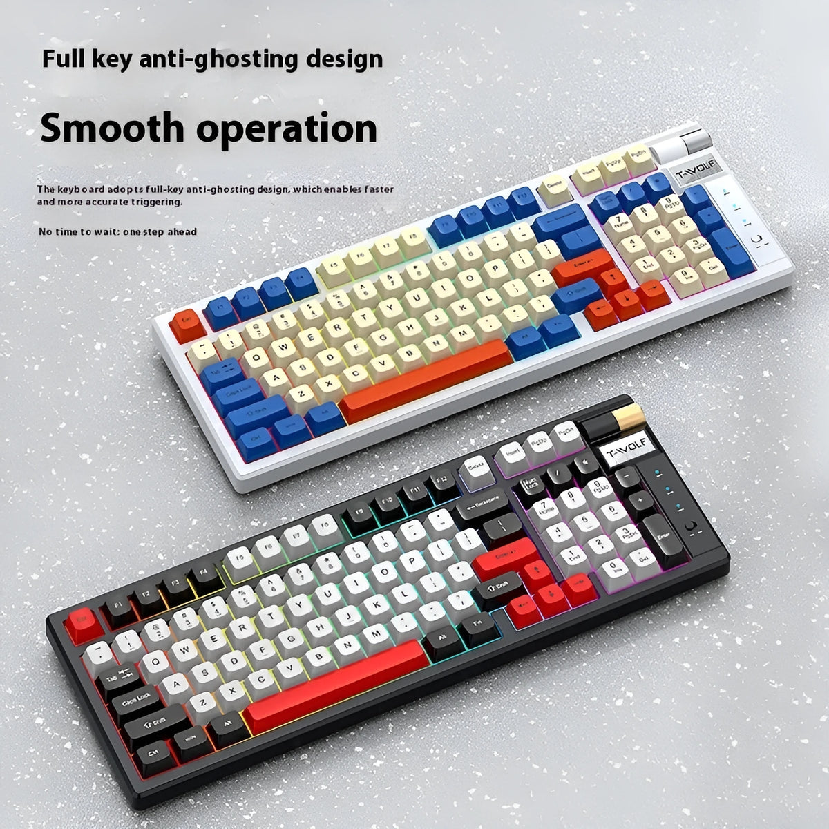 Bluetooth charging gaming mechanical keyboard in Blue Orange or Black Red, ABS body, 404 x 172 x 37.5mm, with USB receiver and 1.5m cable.