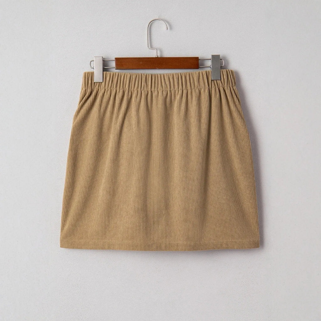 Women's corduroy hip skirt in coffee colour with sewn button detail, short street style skirt, sizes S to XL