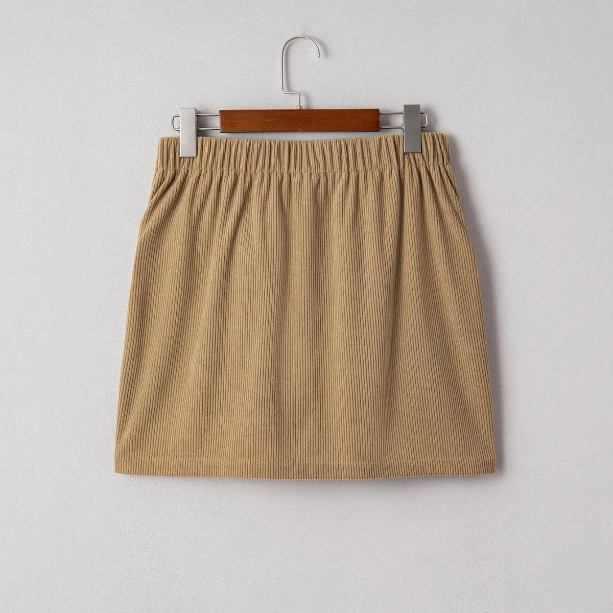 Women's corduroy hip skirt in coffee colour with sewn button detail, short street style skirt, sizes S to XL