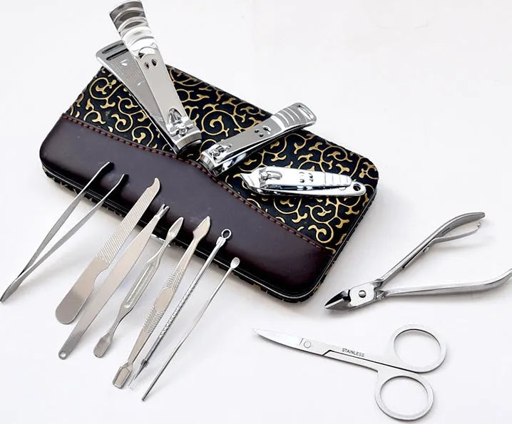 9-piece stainless steel nail clipper set in compact case, approx 10cm by 8cm by 2cm, random colour