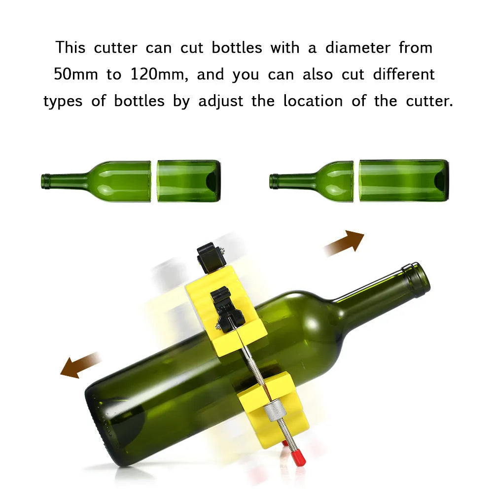 Yellow adjustable bottle cutter tool for DIY glass bottle cutting on a wooden table.