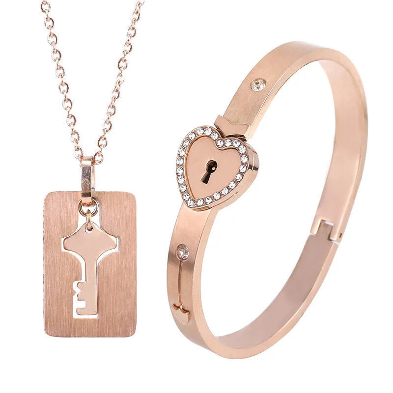 Titanium steel couple love lock bracelet key set necklace in electroplated finish
