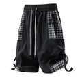 Men's loose-fit cargo shorts with plaid stitching detail in light grey.