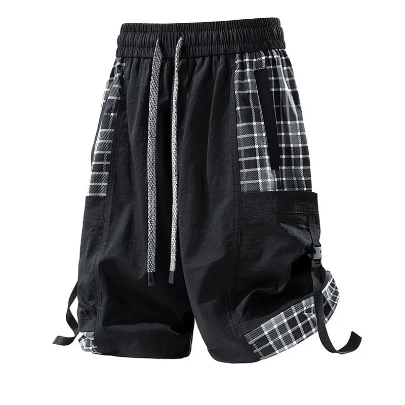 Men's loose-fit cargo shorts with plaid stitching detail in light grey.