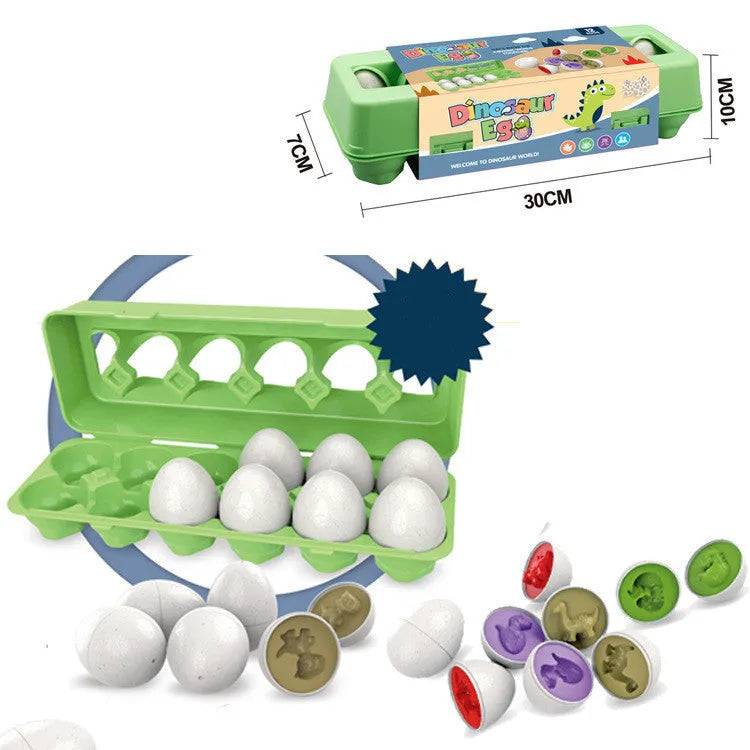 Children's educational twist egg toy set with 12 colourful dinosaur-themed plastic eggs in a drawstring bag