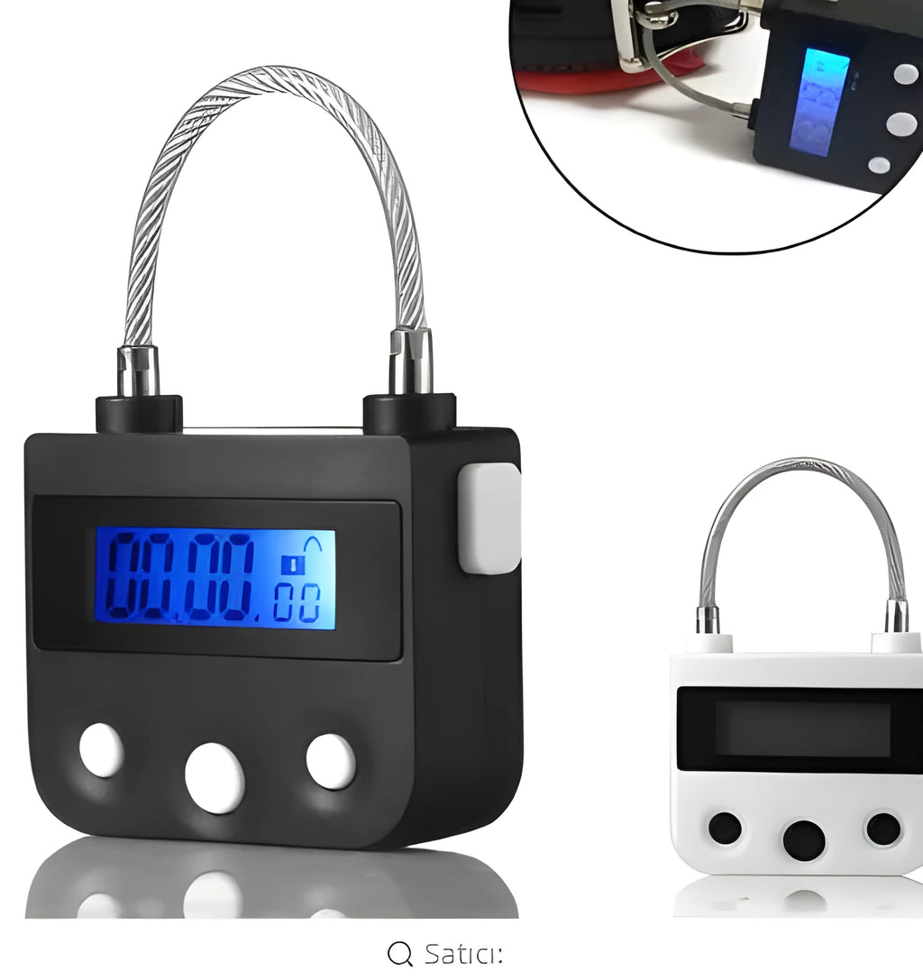 Electronic timer lock for bondage and chastity restraints, black or white ABS and steel wire, USB rechargeable, with screen and buttons.