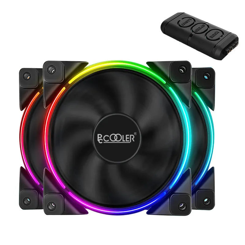 Three black 12 cm RGB PC case fans with illuminated blades