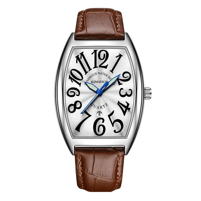 Jinshidun men's retro quartz watch with luminous dial, silver case, white face, black markings, and black leather strap
