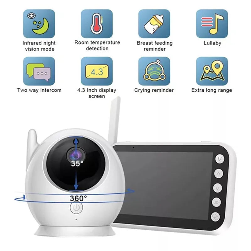 43 inch baby monitor with 4.3 inch LCD screen showing video feed of baby sleeping