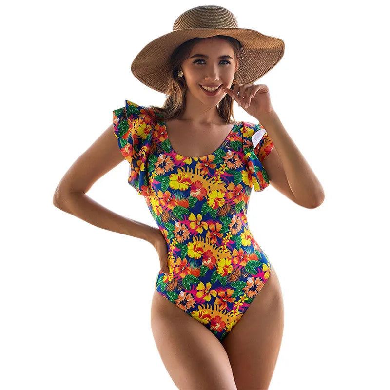 Women's one-piece swimsuit with U-shaped collar and lace design, polyester fabric, sleeveless, available in multiple colours